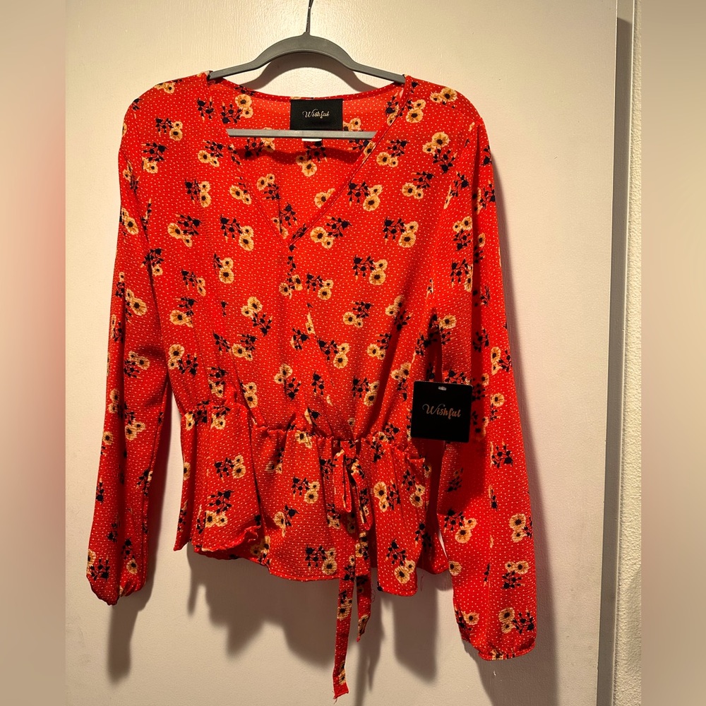 Wishful flower print faux wrap blouse NWT